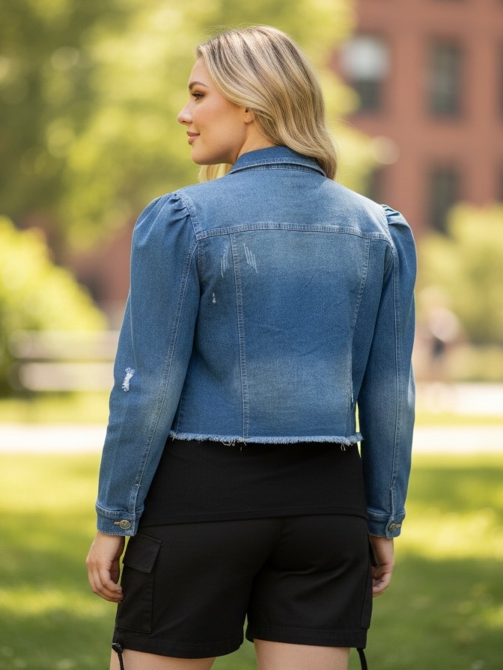 Plus Size 2XL Long Puff Sleeve Stars Embroidered Distressed Denim Jacket - Picture 3 of 11